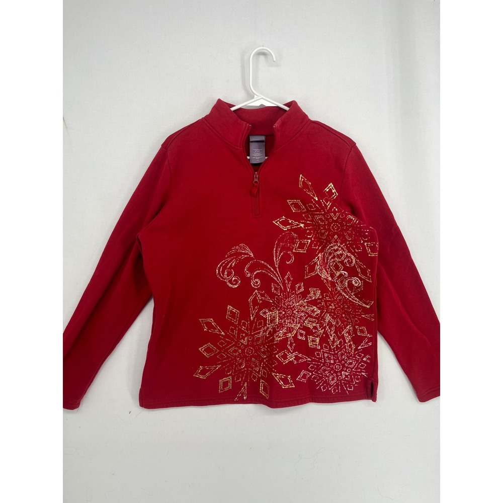 Laura Scott Red Quarter Zip Sweatshirt Gold Glitter Snowflake Holiday Large L